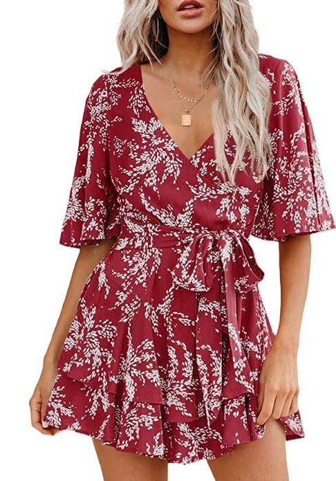 Floral V-neck Flare Sleeve Waist Belt-layer Pleated Dress