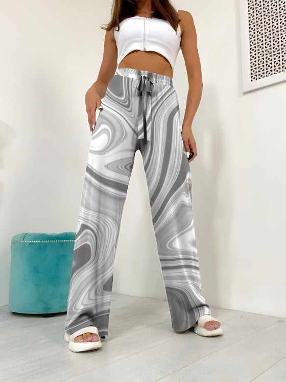 Ladies' Contrasting Printed Waist Strap Details, Loose Pleated Casual Style Wide Leg Pants