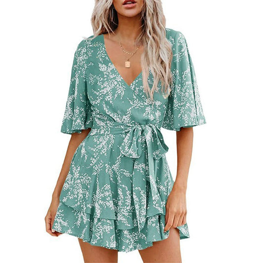 Floral V-neck Flare Sleeve Waist Belt-layer Pleated Dress