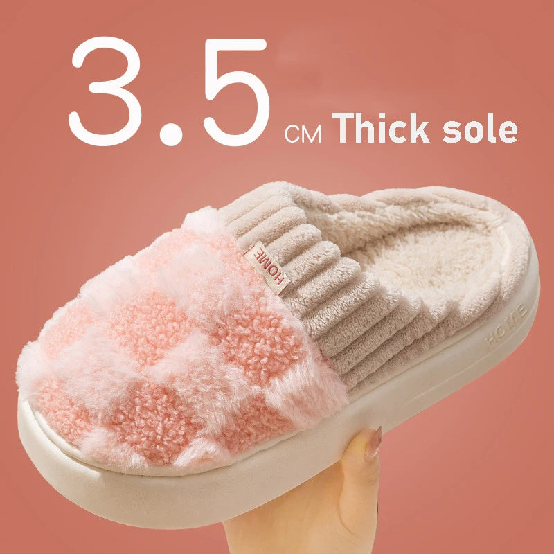 Plaid Plush Slippers Women's Indoor Plush Home Slippers Soft Sole Thick Non-Slip Warm House Shoes Couple Autumn And Winter