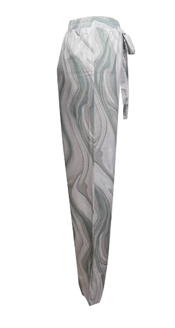 Ladies' Contrasting Printed Waist Strap Details, Loose Pleated Casual Style Wide Leg Pants