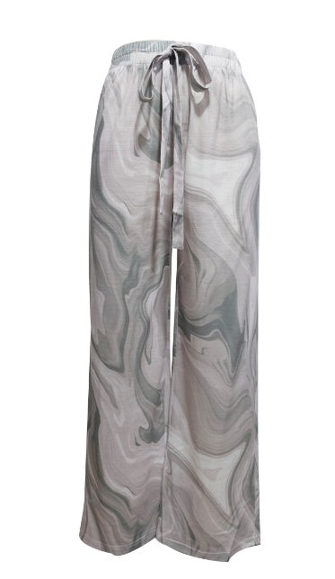 Ladies' Contrasting Printed Waist Strap Details, Loose Pleated Casual Style Wide Leg Pants