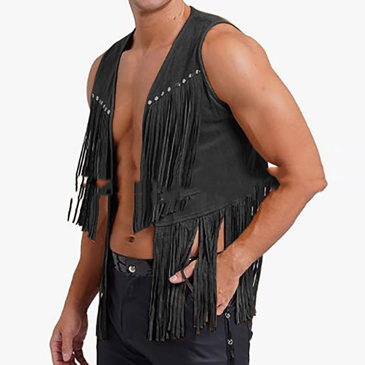 Men's Suede Sleeveless V-neck Rivet Detail Tassel