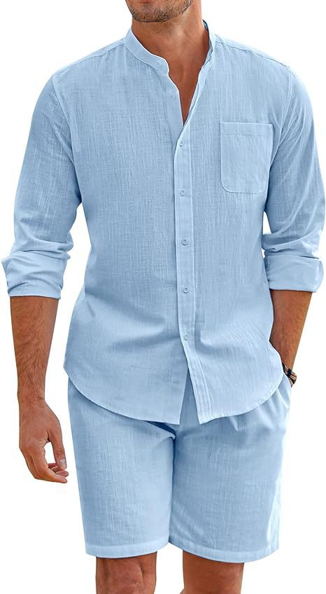 Men's Summer Two-piece Polyester Button Shirt Long Sleeve Shorts