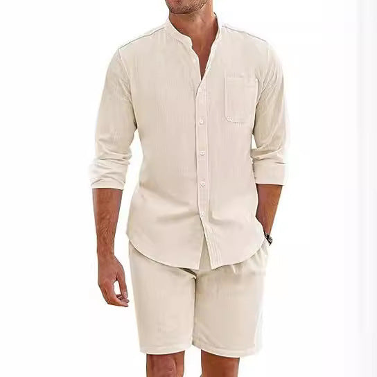 Men's Summer Two-piece Polyester Button Shirt Long Sleeve Shorts