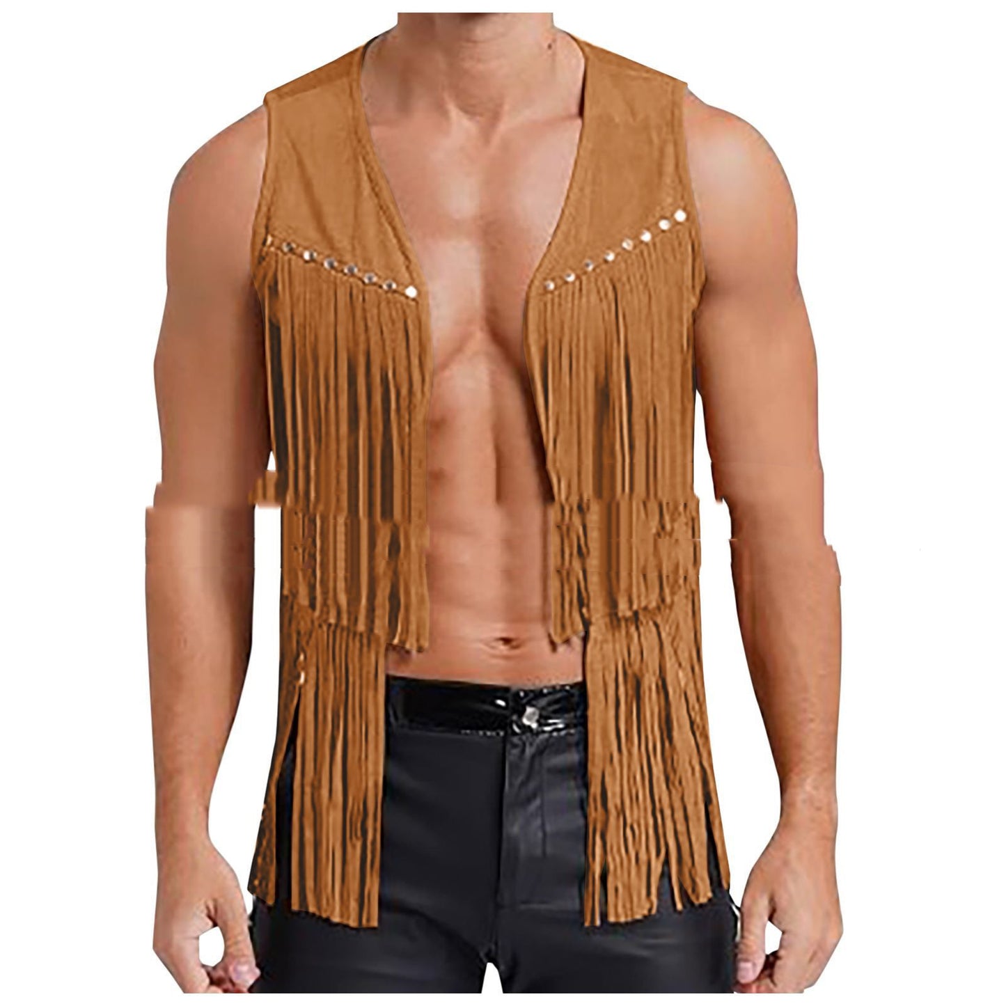 Men's Suede Sleeveless V-neck Rivet Detail Tassel