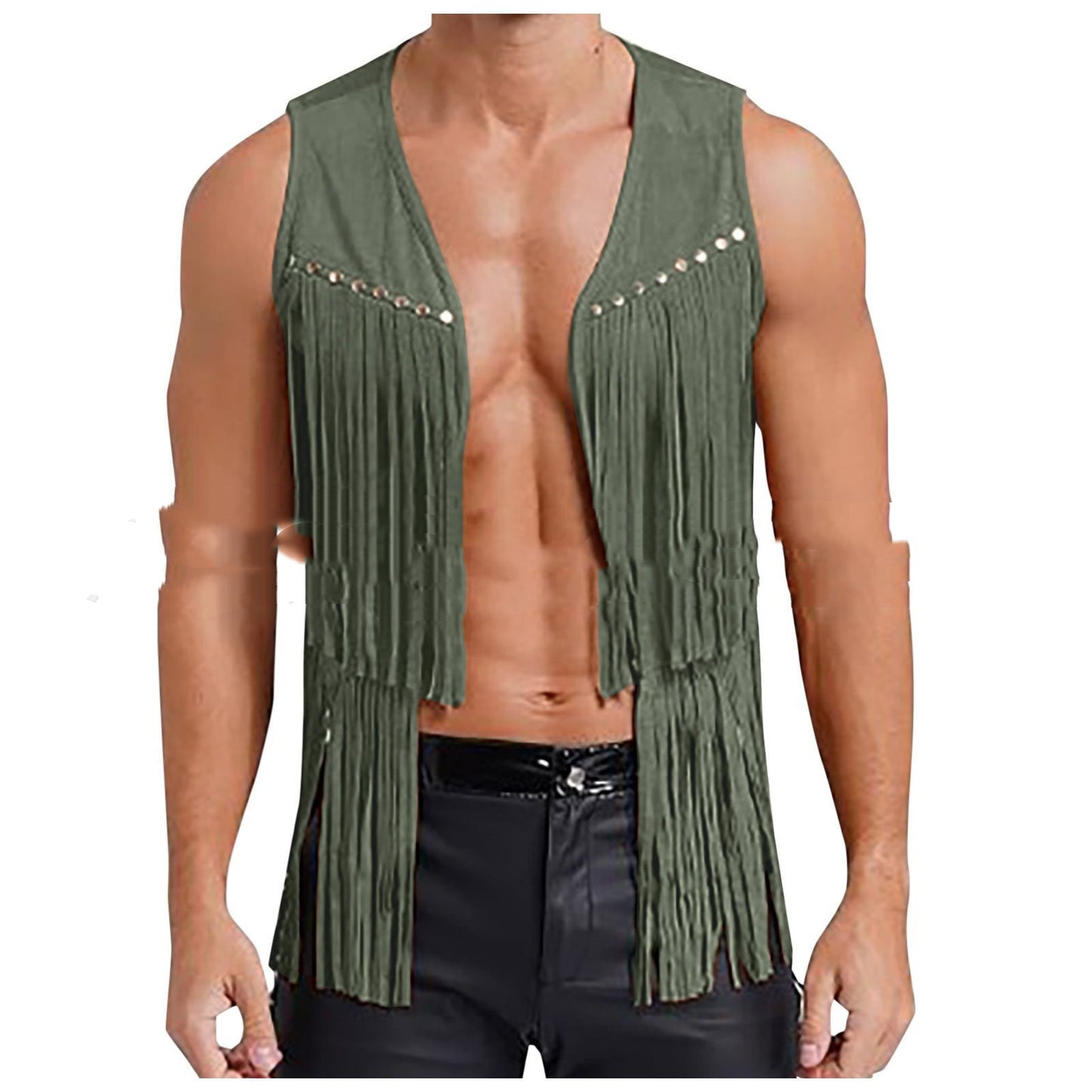 Men's Suede Sleeveless V-neck Rivet Detail Tassel