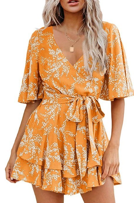 Floral V-neck Flare Sleeve Waist Belt-layer Pleated Dress