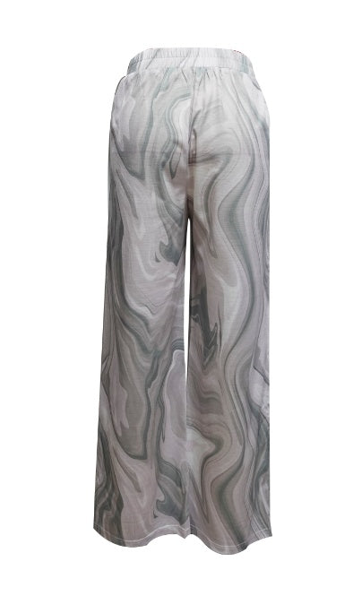 Ladies' Contrasting Printed Waist Strap Details, Loose Pleated Casual Style Wide Leg Pants