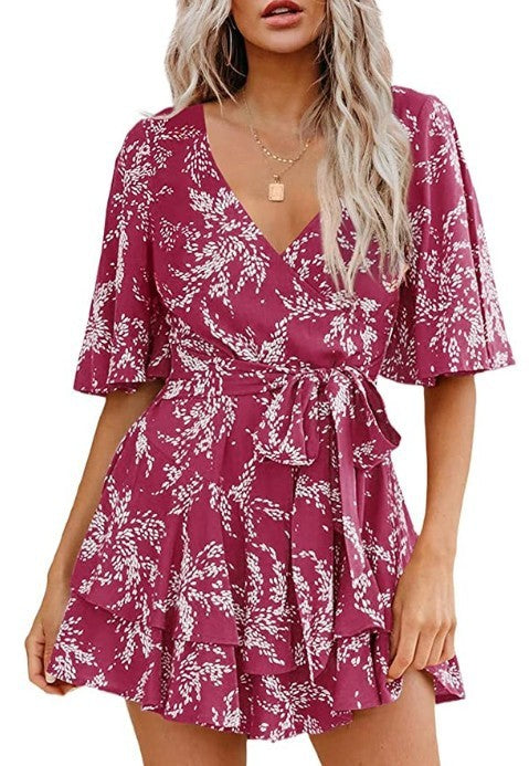 Floral V-neck Flare Sleeve Waist Belt-layer Pleated Dress