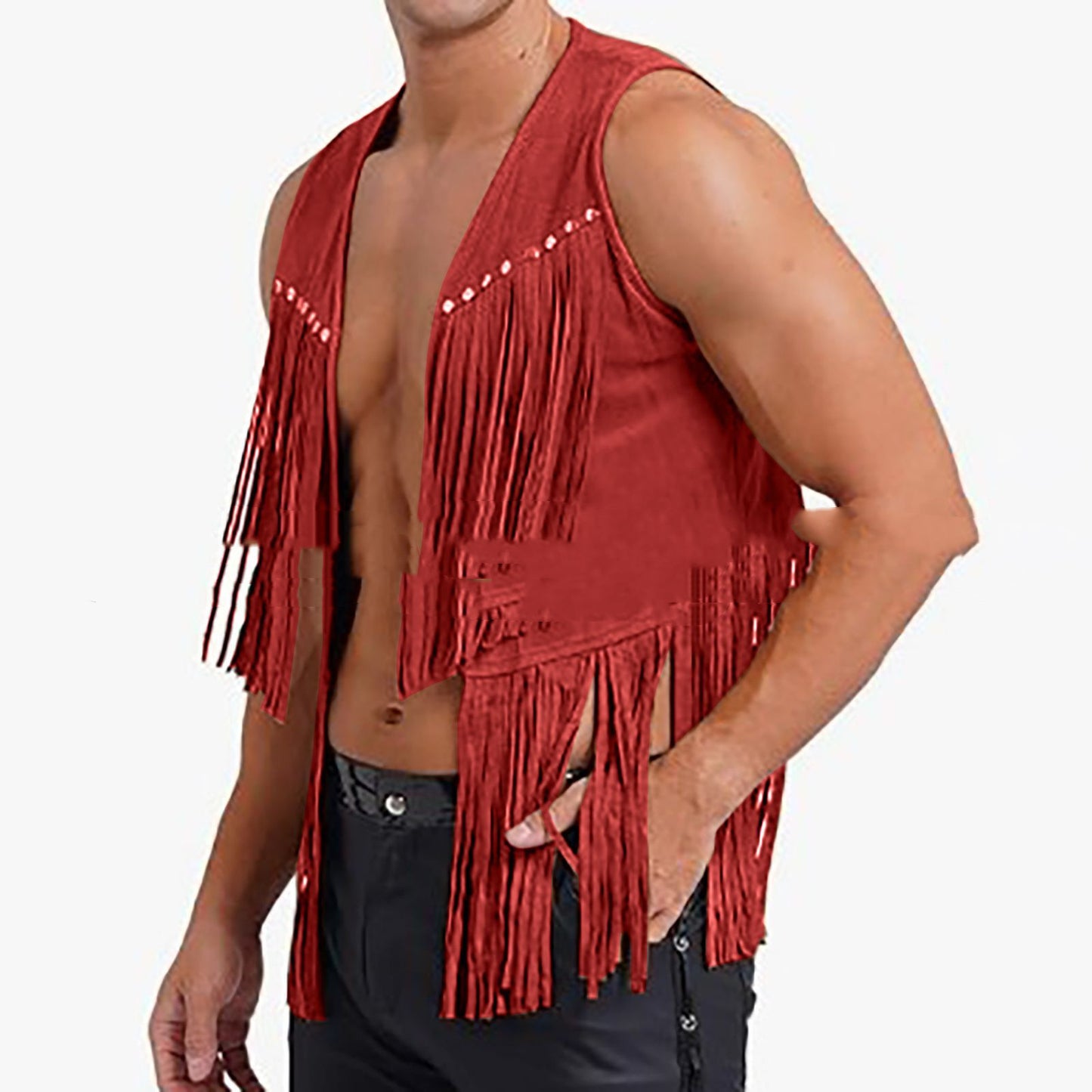 Men's Suede Sleeveless V-neck Rivet Detail Tassel