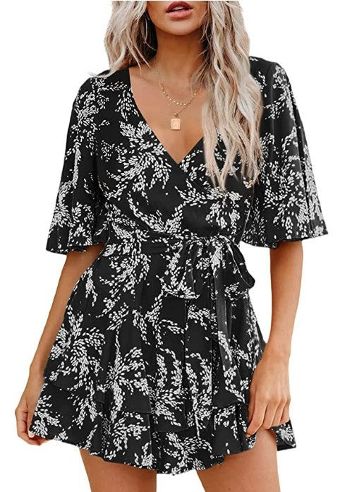 Floral V-neck Flare Sleeve Waist Belt-layer Pleated Dress