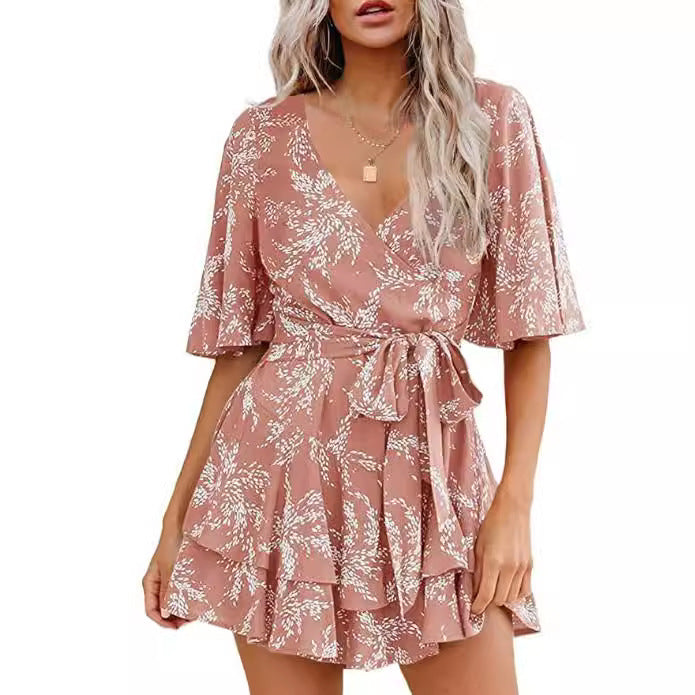 Floral V-neck Flare Sleeve Waist Belt-layer Pleated Dress